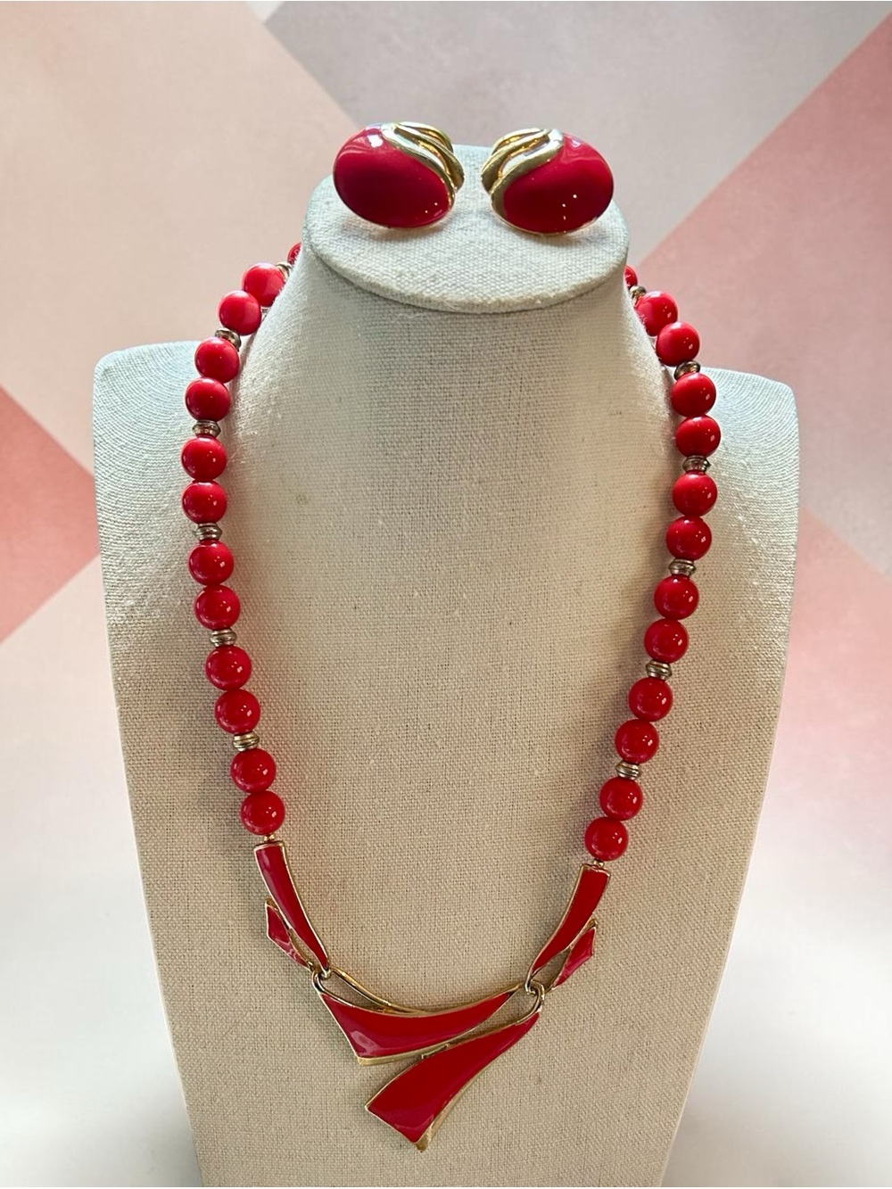 1980s Bold Red & Gold Necklace Pierced Earring Set RETRO